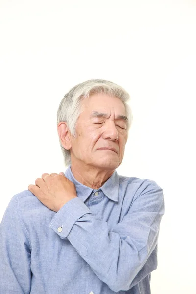 Senior Japanese man suffers from neck ache — Stock Photo, Image