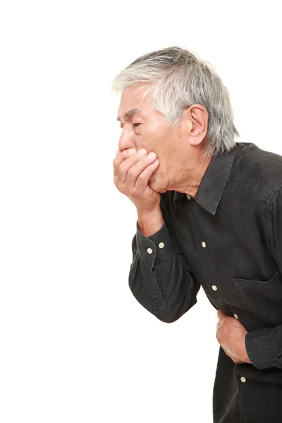 Senior japonés hombre se siente como vomitar —  Fotos de Stock