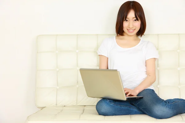 日本年轻女性与计算机 — 图库照片