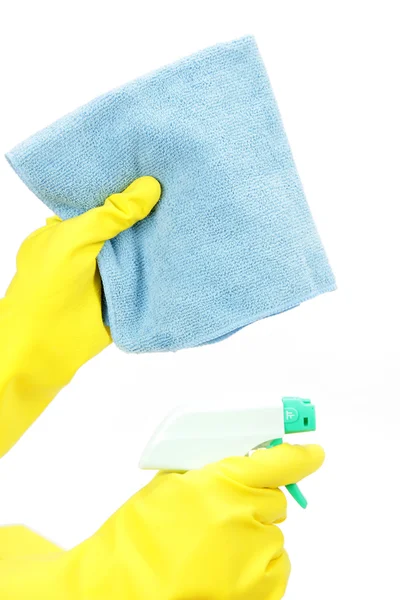 Manos en guantes de goma con spray y un paño　 — Foto de Stock