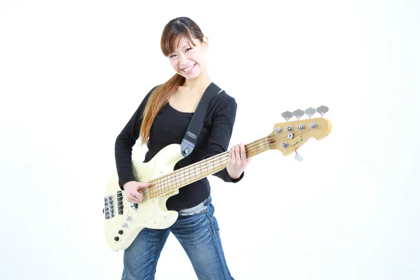 Young Japanese woman with white 5strings bass — Stock Photo, Image