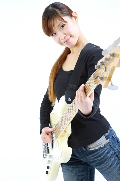 Young Japanese woman with white 5strings bass — Stock Photo, Image