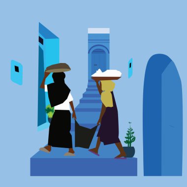 Marketten kafalarında yükle dönen iki kızın resmi. Resim Fas 'ta mavi bir sokakta çizilmiş..