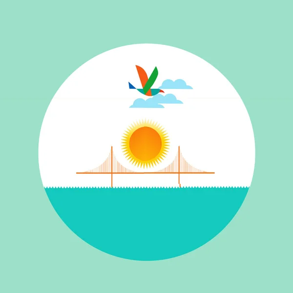 Denizin üzerinde bir köprü ve güneş tasviri.