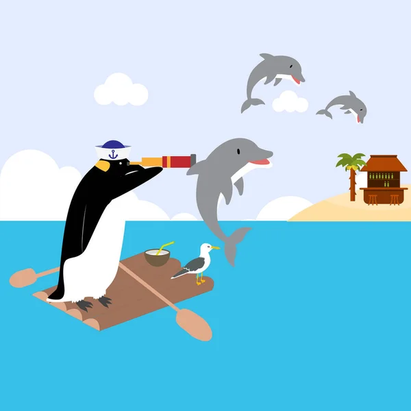 A drawing of a penguin who went on vacation while sailing on a raft.