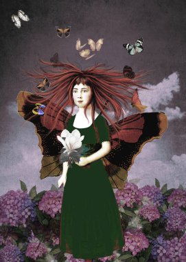 Çiçek tarlasında bir kelebek kız