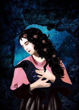 Mağarada kuzguna sarılan bir kız.