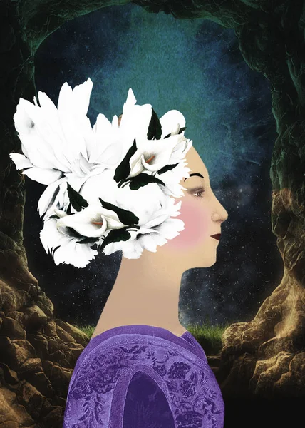 Night Woman Feather Hat Flowers — Stock Photo, Image