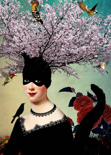 Başında çiçeklerle gizlenmiş bir insan kedisi.