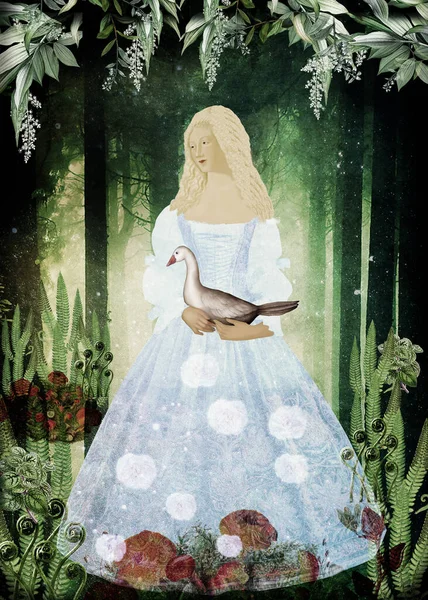 Bir kaz, güzel bir manzarada bir kaza sarılır.