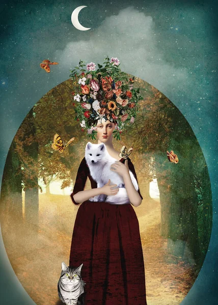 Çiçekli bir kadın beyaz bir tilkiyi kucaklıyor.
