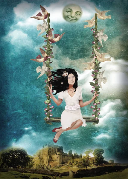 Salıncak güvercinler tarafından taşınır.