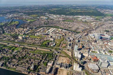 Cardiff Wales şehir merkezinin hava görüntüsü