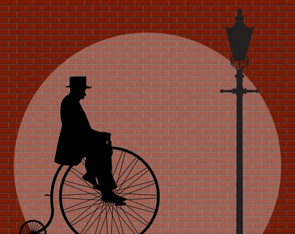 Penny Farthing Gentleman Brick Wall With Spotlight — Stock Vector