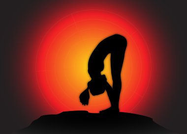 Yoga ileri Bend poz güneş arka plan
