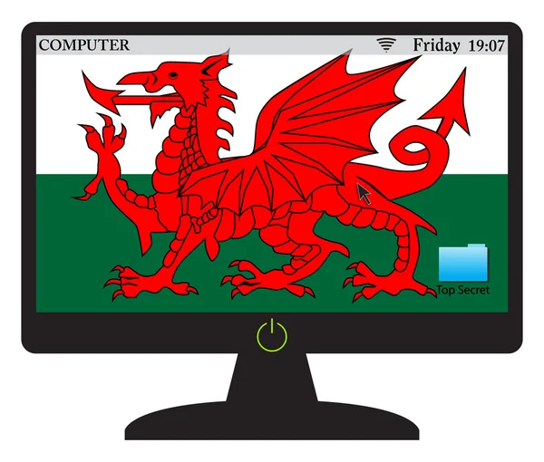 Schermo del computer gallese con pulsante acceso — Vettoriale Stock