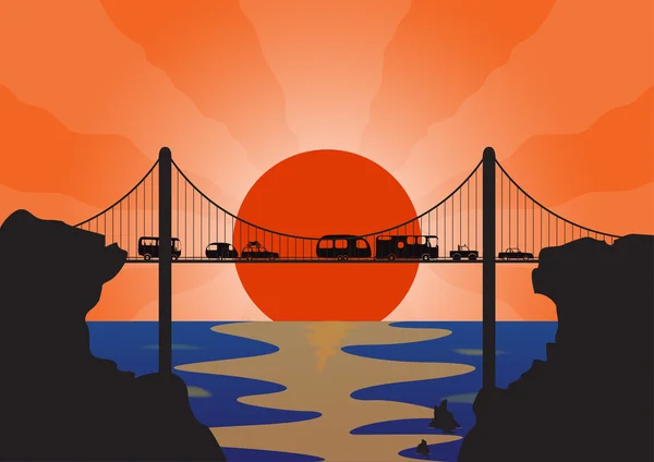 Puente colgante del convoy de vacaciones — Vector de stock