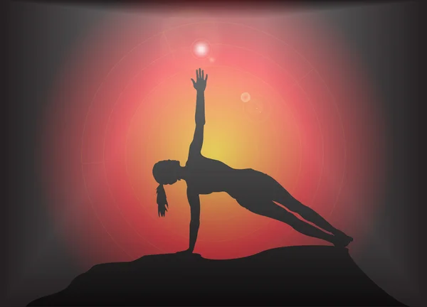 Yoga yan tahta poz parlama arka plan — Stok Vektör