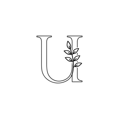 Ana Harf U logosu simgesi. Siyah ve beyaz renk üzerine doğanın çiçek yaprakları vektör tasarımı kavramı.
