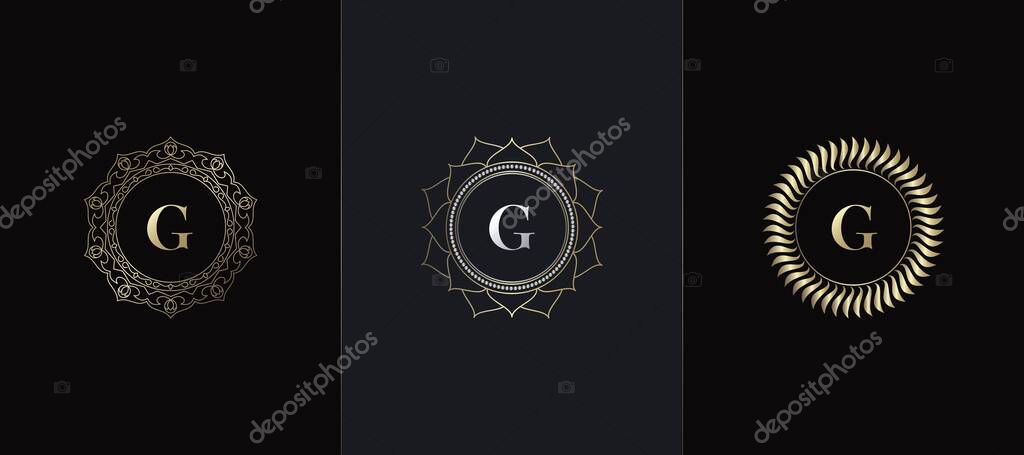 Golden Emblem Letter G Luxury Decoration Initial Logo Icon, Elegance Set Gold Ornate Emblem Deco Vector Design.