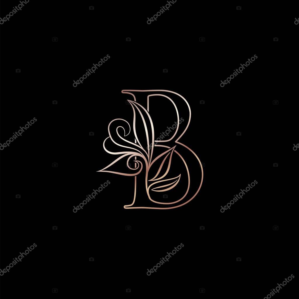 Gold Rose Outline Letter B Luxury Decorative Initial Logo Icon, Elegance Ornate Deco Logo Design