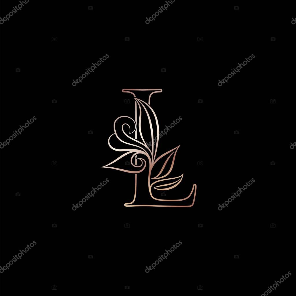 Gold Rose Outline Letter L Luxury Decorative Initial Logo Icon, Elegance Ornate Deco Logo Design