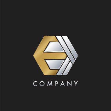 Daire Gayrimenkul, Mülk, Otel ve Mimarlık İşletmeleri İçin Zarif Altın ve Gümüş Armalı Geometrik Altıgen E Mektubu.