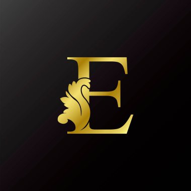 Altın Flurish Harfi E Dekoratif Logo Simgesi, Lüks Tasarım Girdap Dekoratif Süsleme Tasarımı