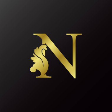 Gold Flourish Harf N Dekoratif Logo Simgesi, Lüks Tasarım Girdap Dekoratif Vektör Tasarımı