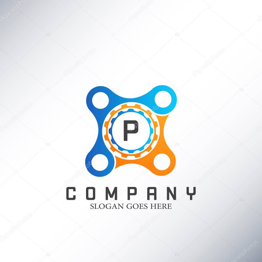Letter P Logo, Abstract Technology and Industrial Service Concept Gear and Bracket Initial Logo Vector Design.