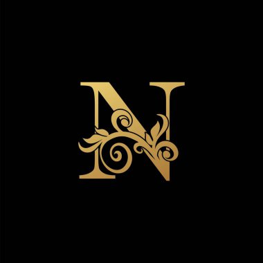 Altın Lüks Mektup N logosu, klasik tasarım konsepti çiçek yaprakları. Başlangıç için N altın rengi, lüks iş yeri, otel, düğün servisi ve daha fazla marka kimliği..