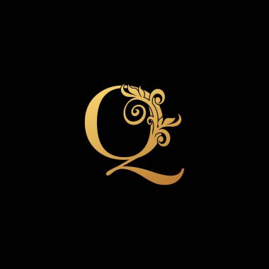 Altın Lüks Mektup Q logosu, klasik tasarım konsepti çiçek yaprakları. Başlangıç için Q harfi, lüks iş yeri, otel, düğün servisi ve daha fazla marka kimliği..