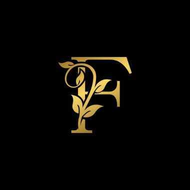 Altın Vintage Harf F Nature Floral Leaves logo simgesi. Zarif lüks tasarım kavramı çiçek yaprakları üzerinde F harfi altın rengi izolasyon siyah arkaplan rengi.