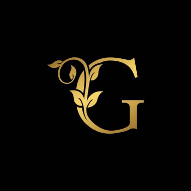 Altın Vintage G Harfi Nature Floral Leaves logo simgesi. Zarif lüks tasarım kavramı çiçek yaprakları üzerinde G harfi altın rengi izolasyon siyah arkaplan rengi.