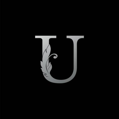 İlk Harf U Logosu Lüks Tüy. Kurumsal, avukat, noter, firma ve daha fazla marka kimliği için monogram gümüş tasarım konsepti lüks tüy unsuru ve harf logosu simgesi.
