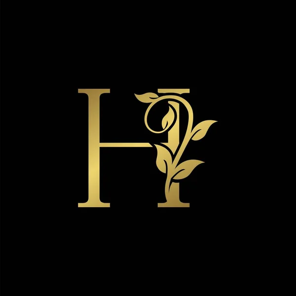 Golden Vintage Letra Naturaleza Floral Hojas Icono Del Logotipo Elegante — Archivo Imágenes Vectoriales