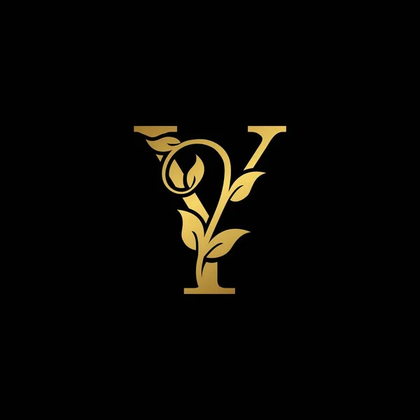 Golden Vintage Letter Nature Floral Leaves Logo Pictogram Elegante Luxe — Stockvector