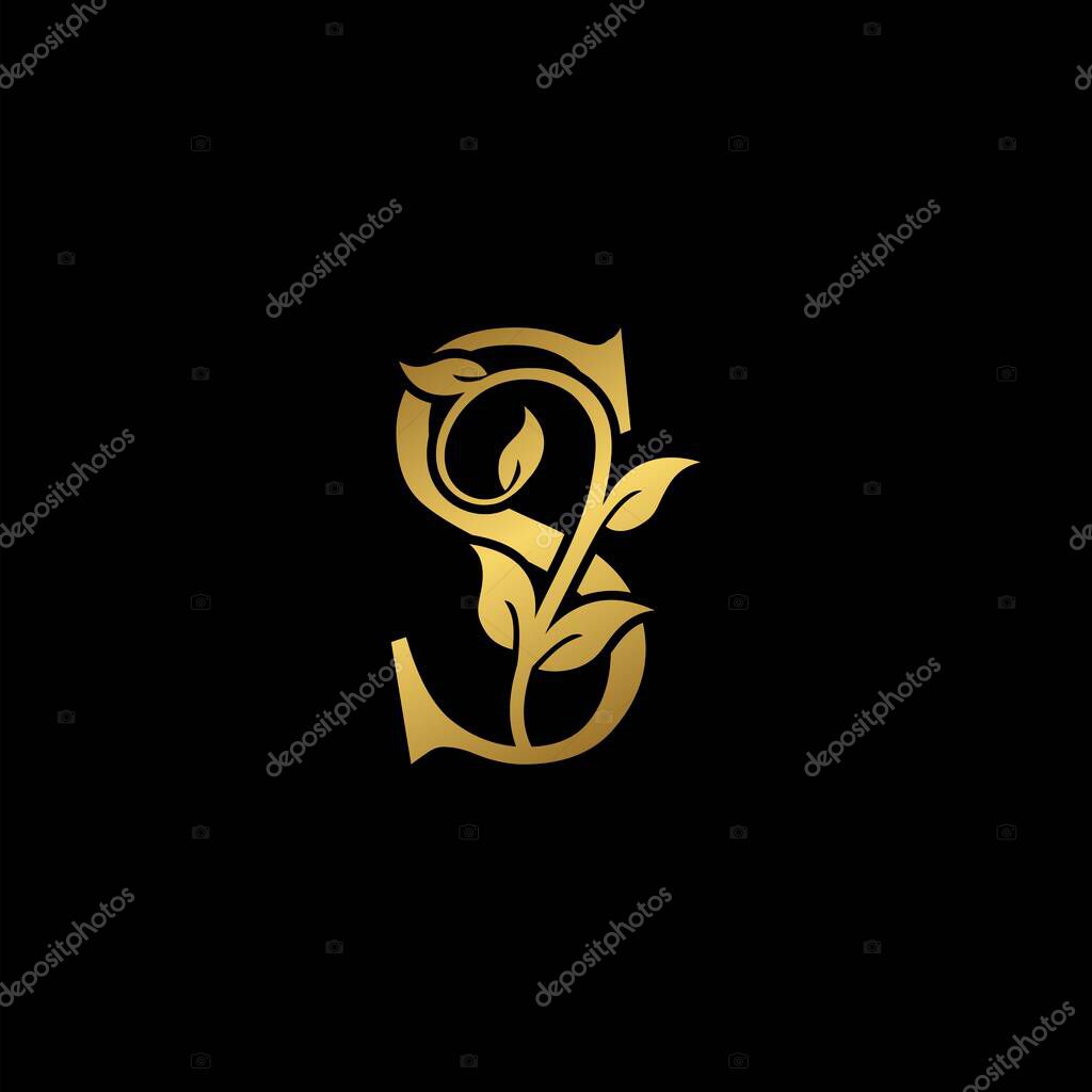 Golden Vintage Letter S Nature Floral Leaves logo icon. Elegant Luxury design concept floral leaves with letter S gold color isolation on black background color.