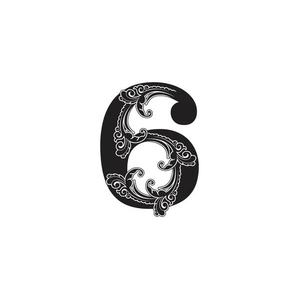 Ornato Numero Sei Icona Logo Elegante Monogramma Lusso Ornamento Decorazione — Vettoriale Stock