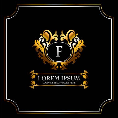 Lüks Altın Harf F Rozet Logo Tasarımı. Zarif ve Zarif Dekorasyon Vektör Şablonu.