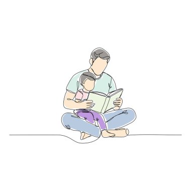 Minimalist düz renkli bir resim çizgisi. Bir baba figürü oturuyor ve küçük çocuğuyla birlikte kitap okuyor. Bu vektör grafiği babalık bağı ve kaliteli zamanı yakalar, ebeveynlik tasarımları için mükemmeldir.