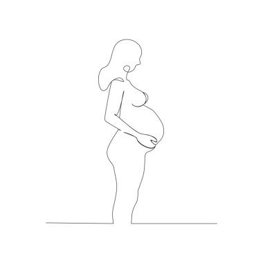 Hamile bir kadının profilde durduğu ve nazikçe karnını şişirdiği tek satırlık bir tasvir. Bu minimalist vektör sanatı annelik, sağlık ve beklentileri yakalar..