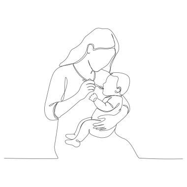 Bebeğini kaşıkla beslerken kucağında tutan bir anne figürünün sürekli bir çizgisi. Bu minimalist vektör sanatı bakım ve beslenme bağını yakalar.