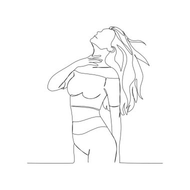 Bir kadının zarif bir güzellik pozuyla boynunu uzatması sanatının devamlılığı. Moda, sağlık ve estetik tasarımlar için uygun temiz minimalist tasarım.