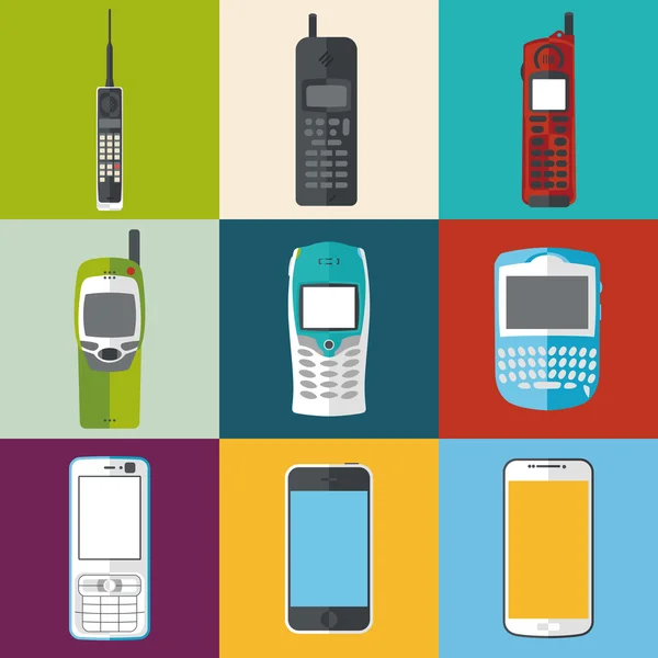 Diferentes telefones celulares e smartphones conjunto ícone. ilustração vetorial de estilo plano —  Vetores de Stock