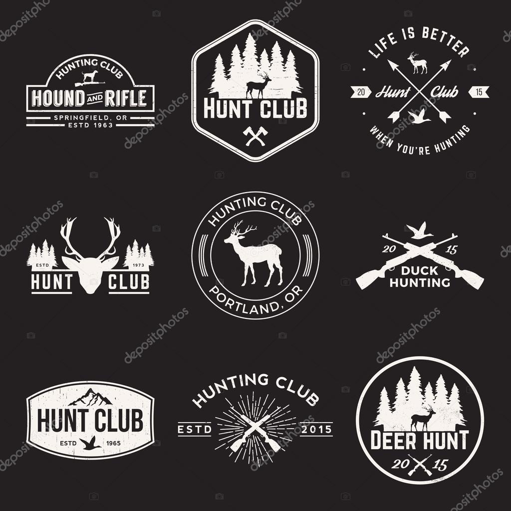 Vector set of hunting club labels, badges and design elements with grunge textures