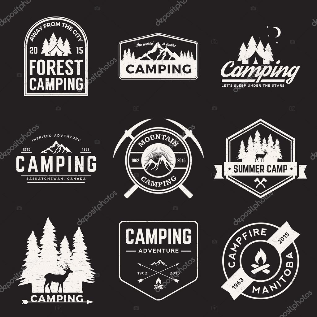 Vector set of camping and outdoor adventure vintage logos, emblems, silhouettes and design elements with grunge textures