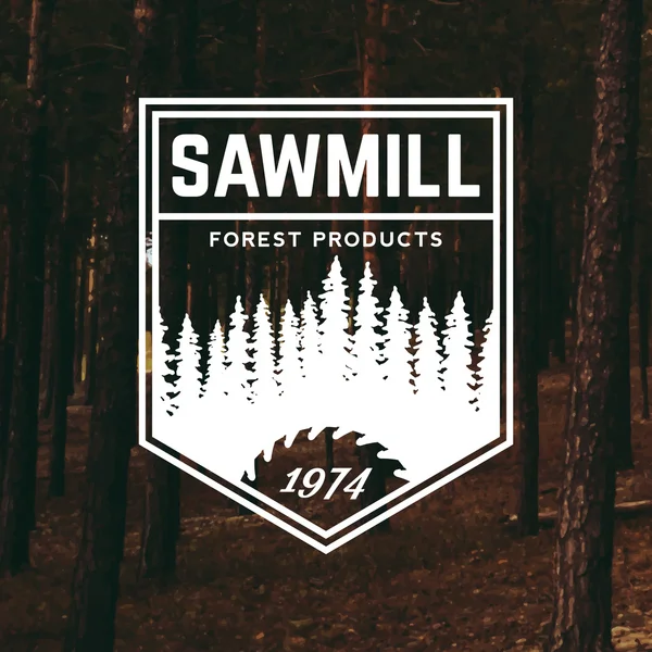 Sawmill label on forest background — Stock Vector