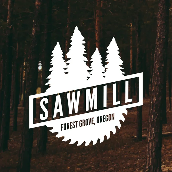 Sawmill label on forest background — Stock Vector