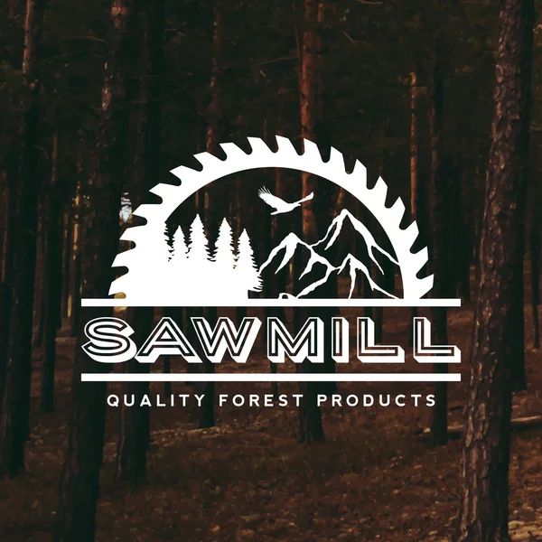 Sawmill label on forest background — Stock Vector